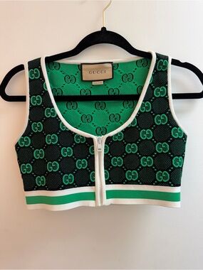 Authentic Gucci Green, Black & White GG Zip Crop Tank
